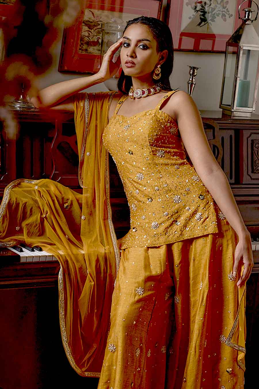 Mustard Gold Embroidered Sharara Set