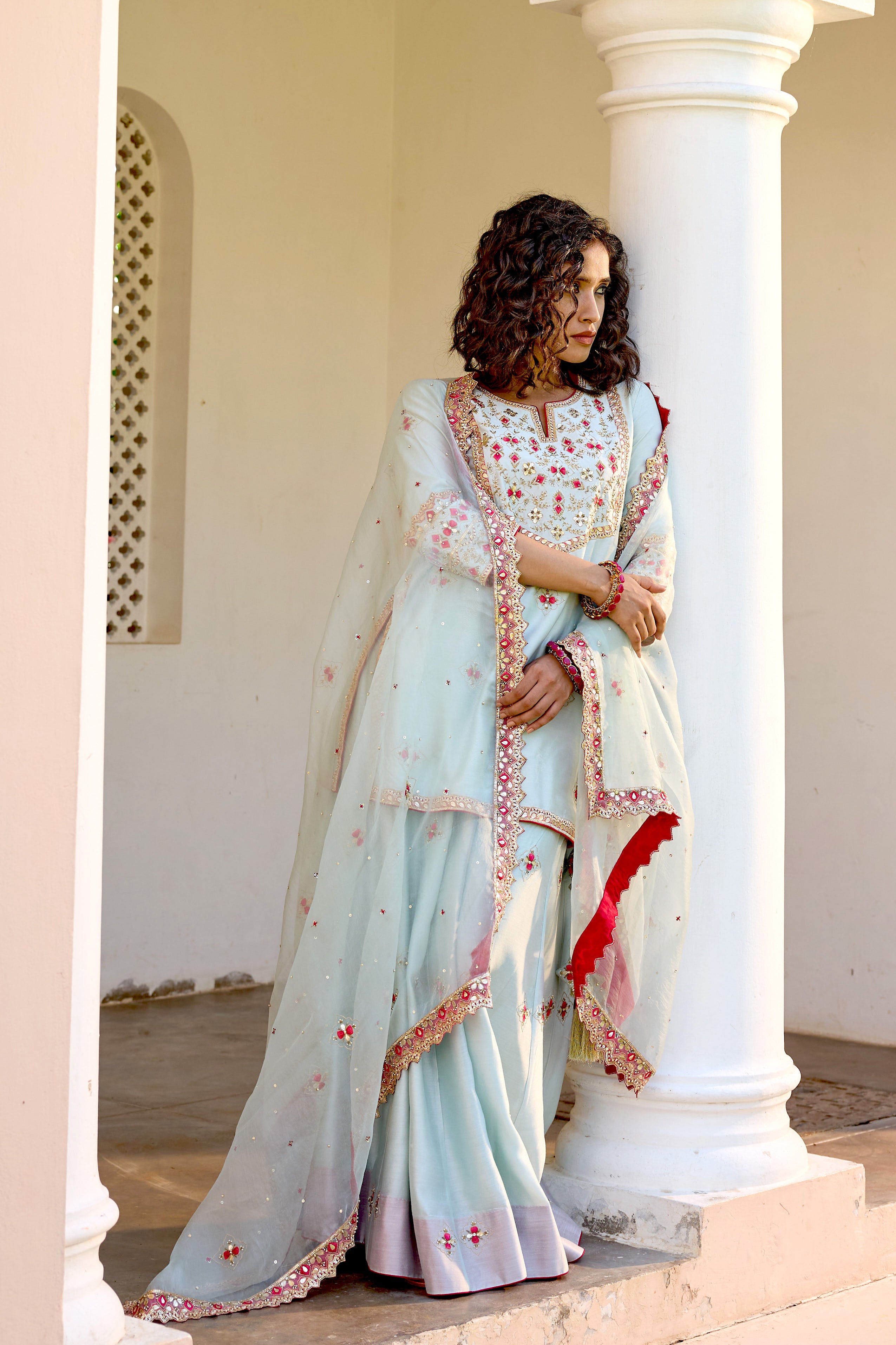 Powder Blue Zardosi Embroidered Sharara Set