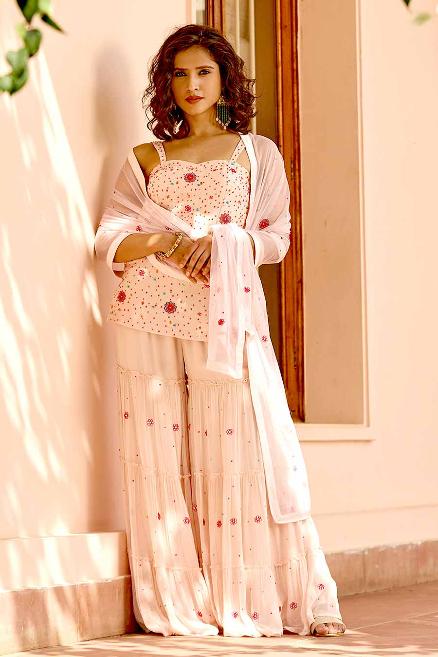 Peach Embroidered Strappy Gharara Set