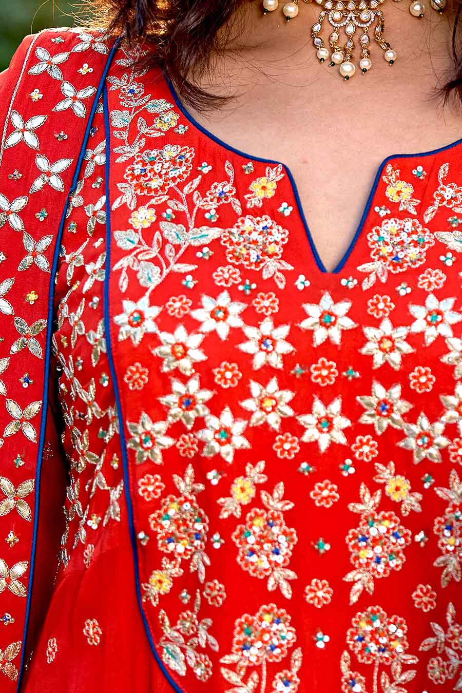 Red Hand-Embroidered Kali Kurta Set