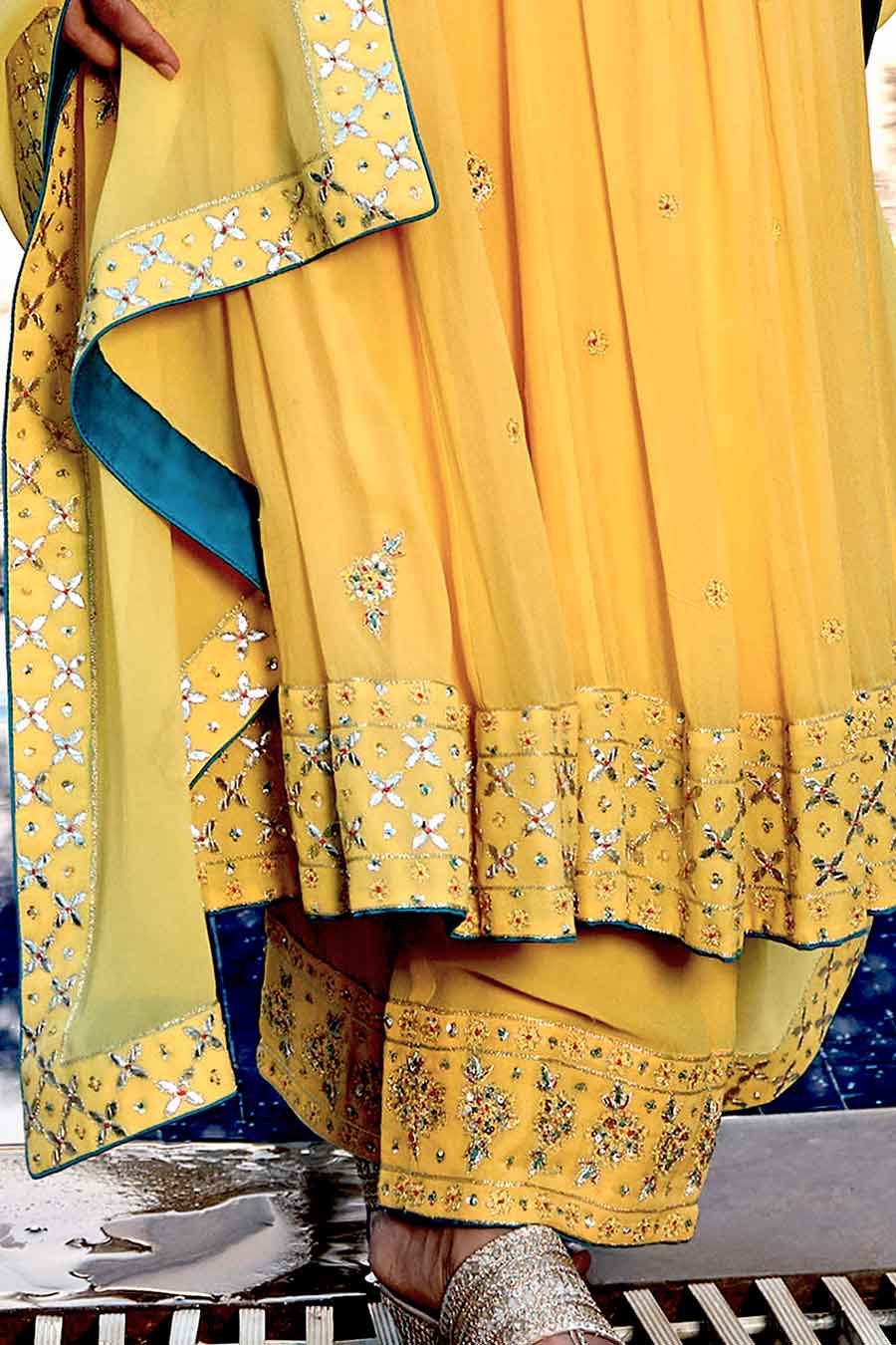 Yellow Hand-Embroidered Kali Kurta Set