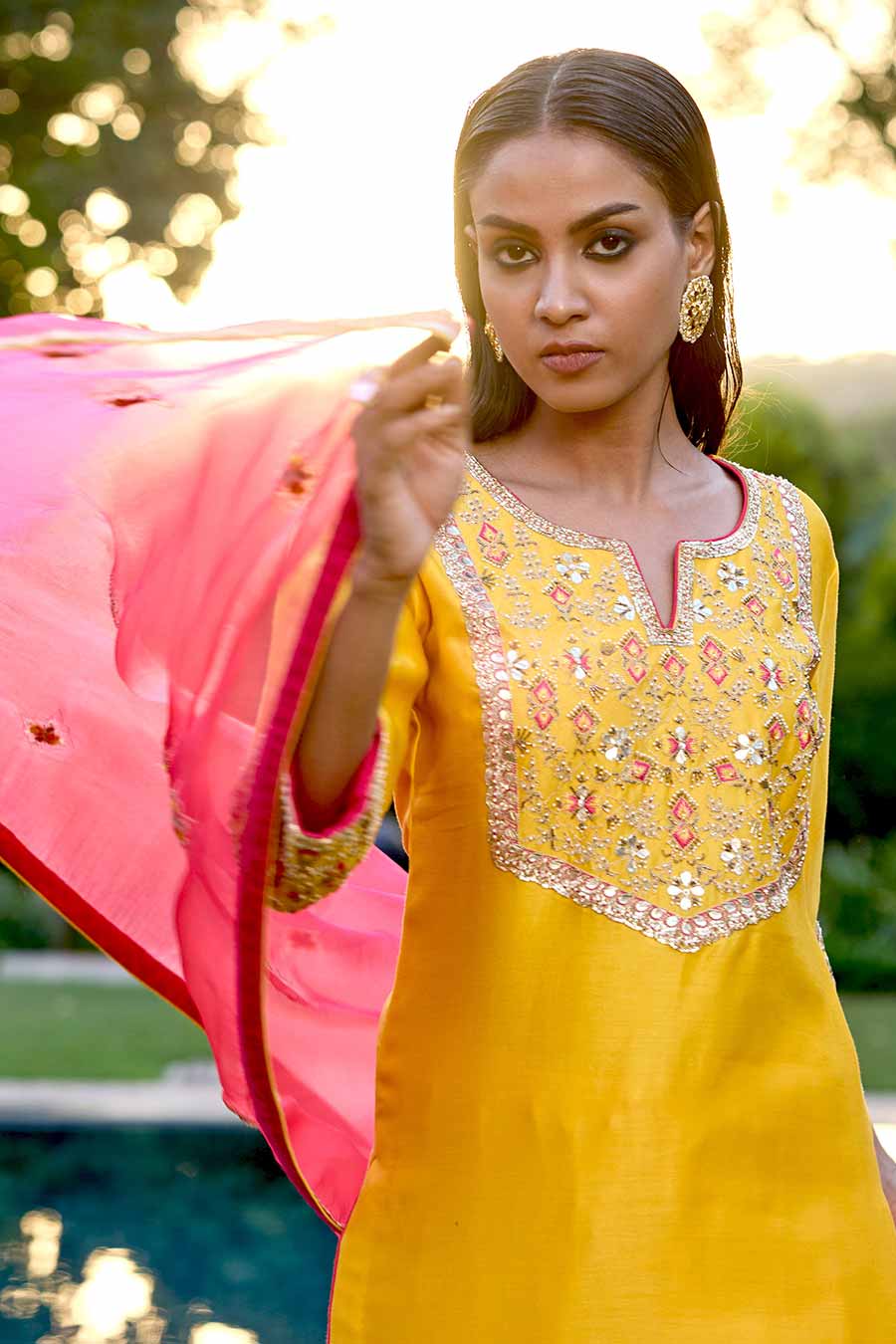 Yellow & Pink Embroidered Kurta Set