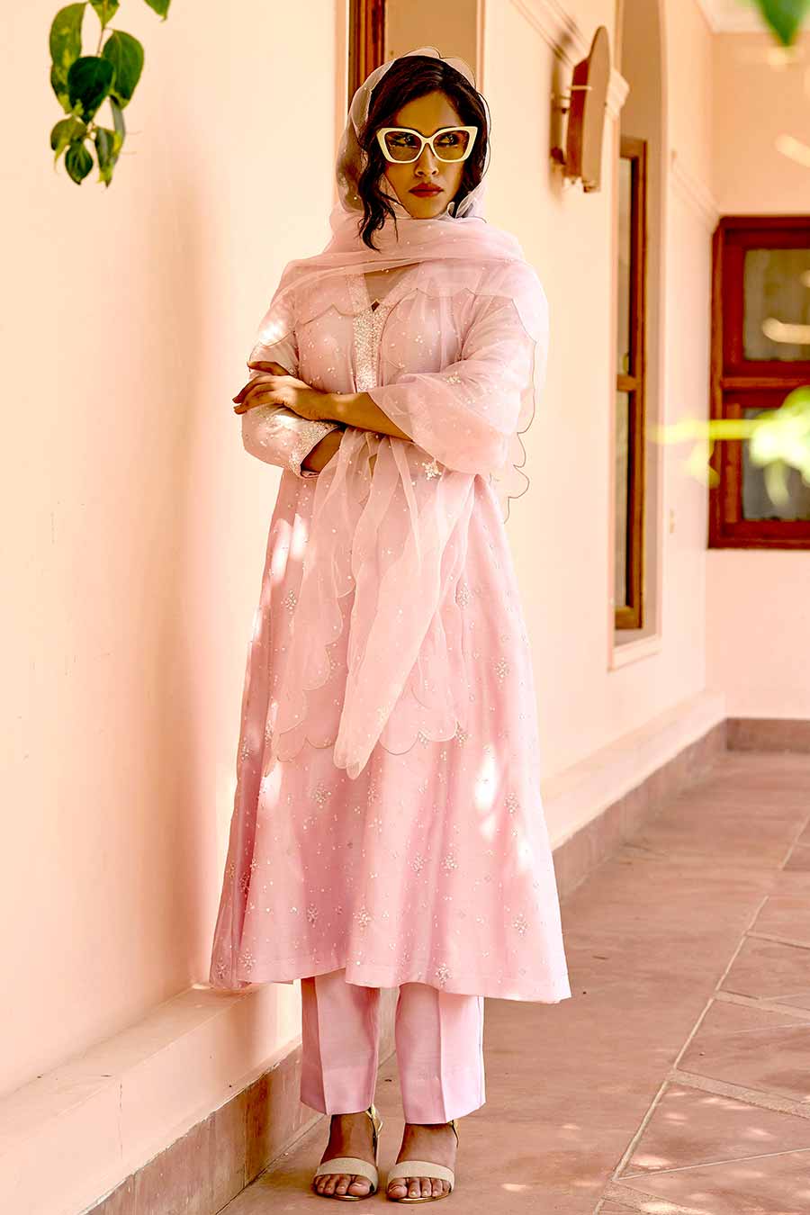 Pink Sequin Embroidered Kali Kurta Set