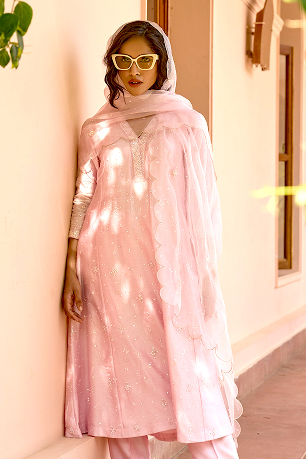 Pink Sequin Embroidered Kali Kurta Set