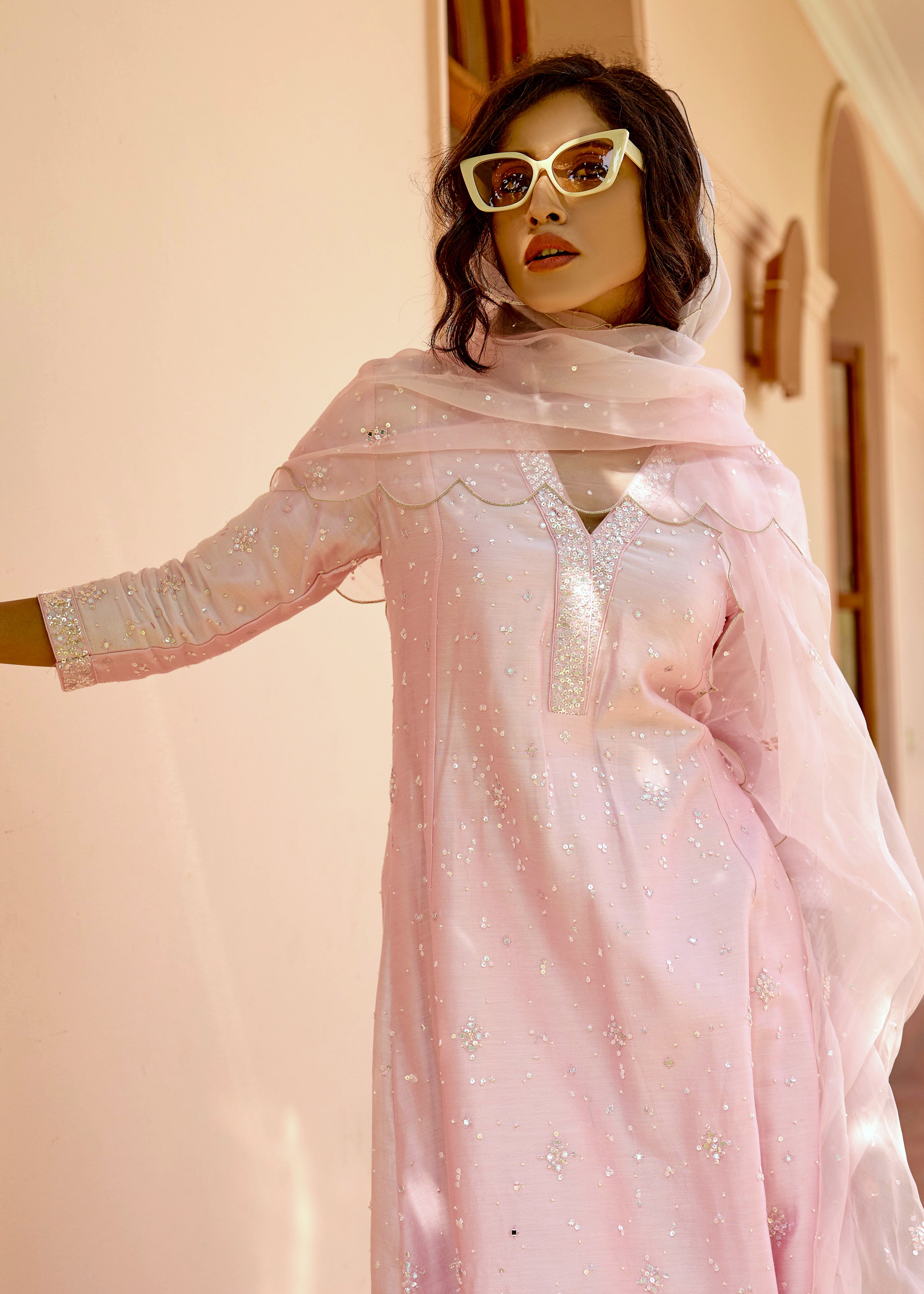 Pink Sequin Embroidered Kali Kurta Set
