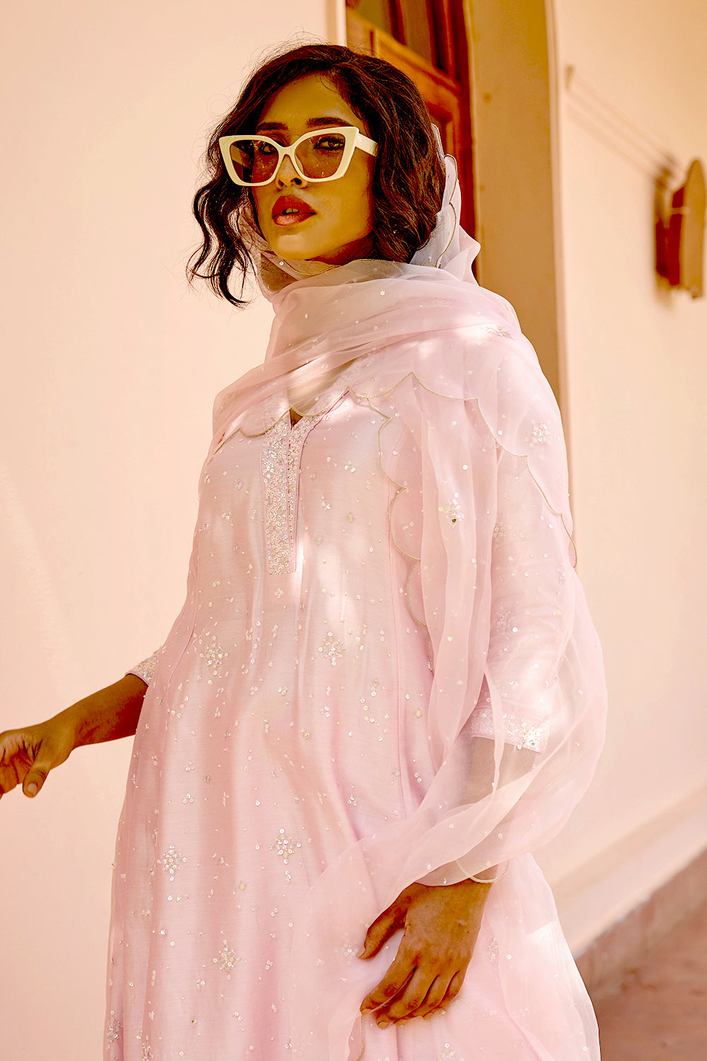 Pink Sequin Embroidered Kali Kurta Set