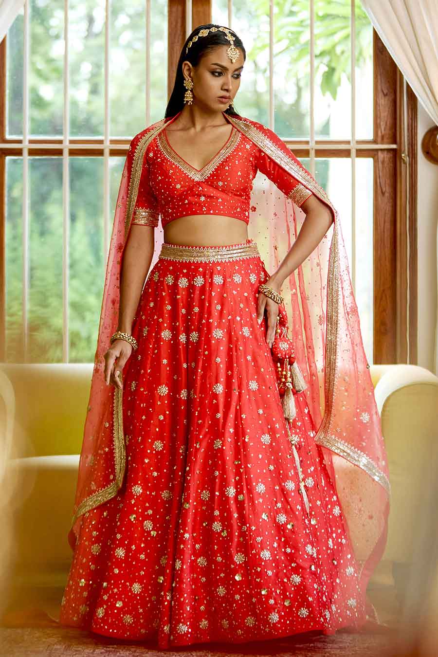 Red Hand Embroidered Lehenga Set