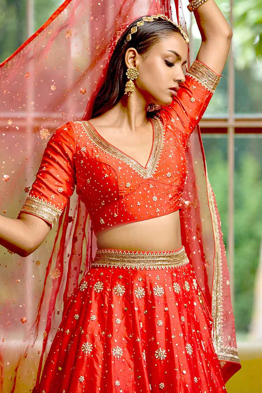 Red Hand Embroidered Lehenga Set