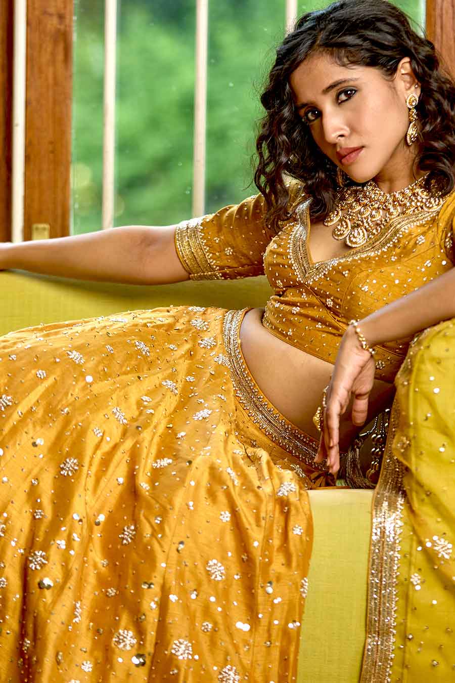 Mustard Gold Embroidered Lehenga Set