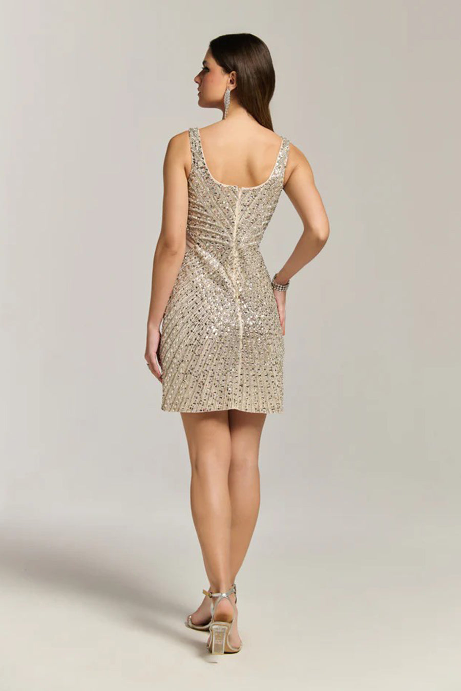 Beige Diamond Waves Embellished Mini Dress