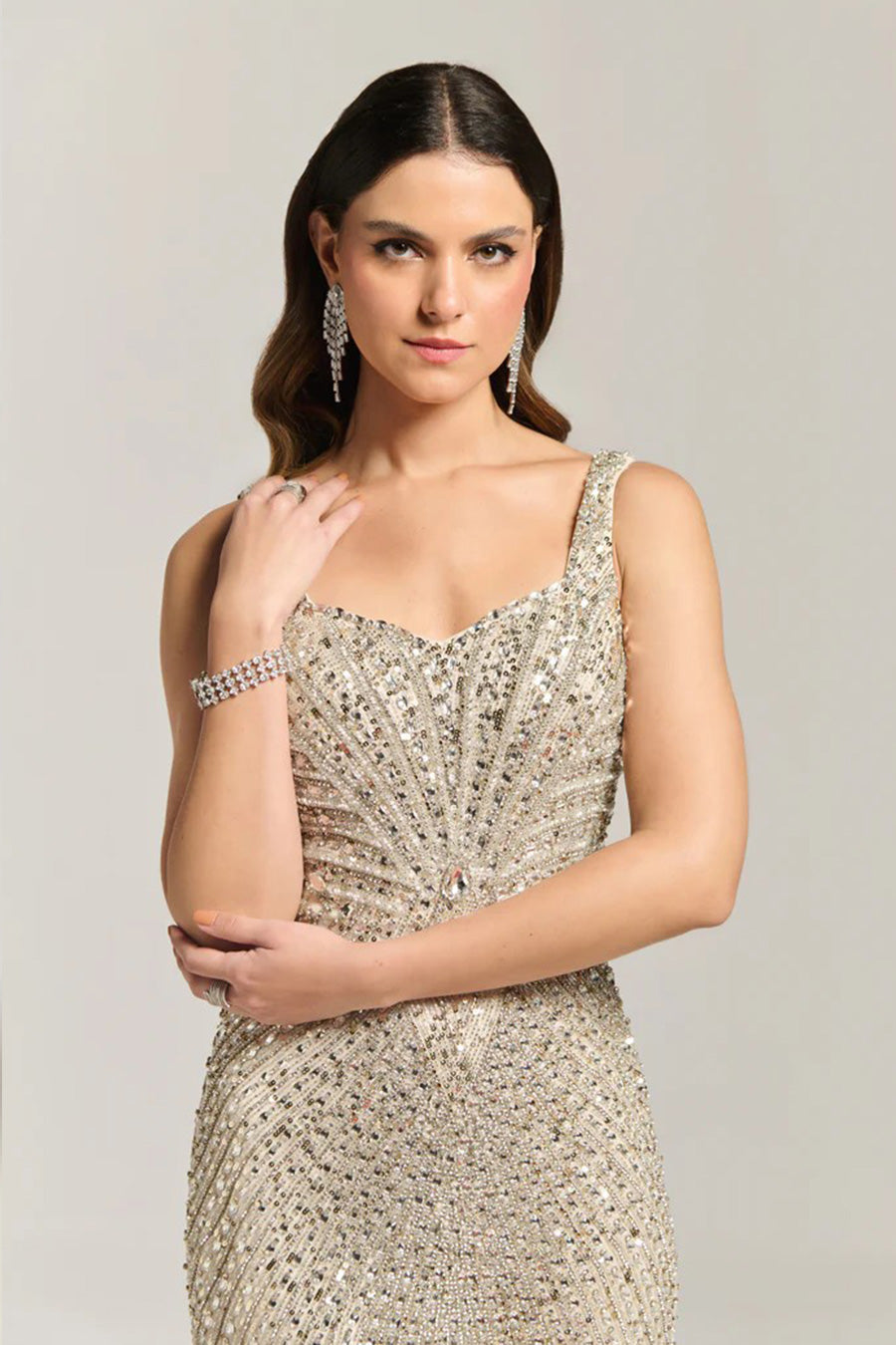 Beige Diamond Waves Embellished Mini Dress