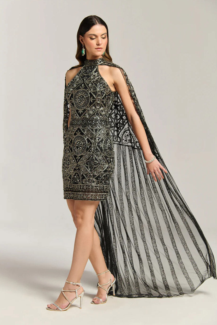 Midnight Queen Black Embellished Cape Dress