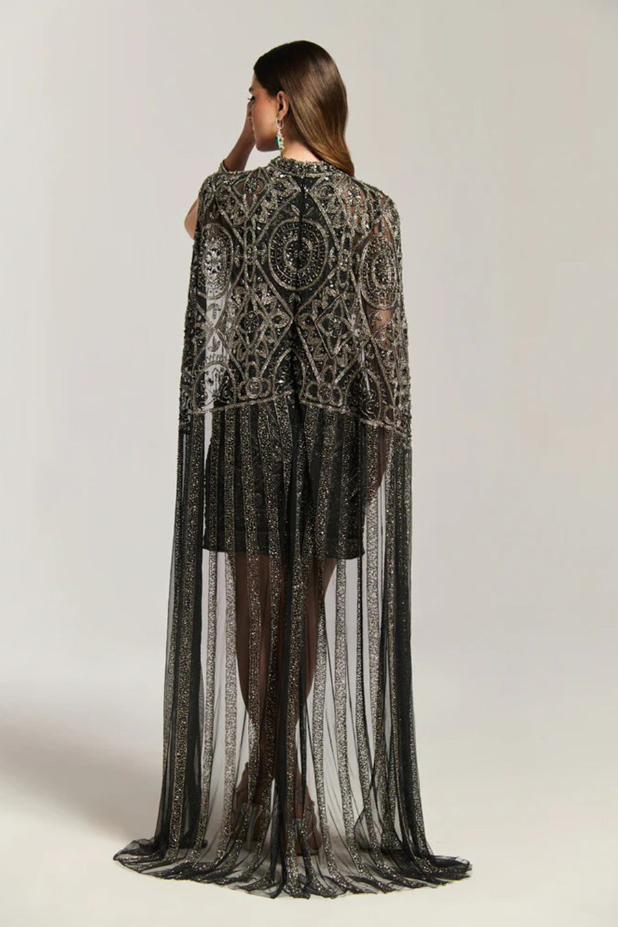 Midnight Queen Black Embellished Cape Dress