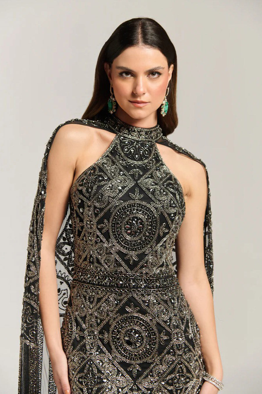 Midnight Queen Black Embellished Cape Dress