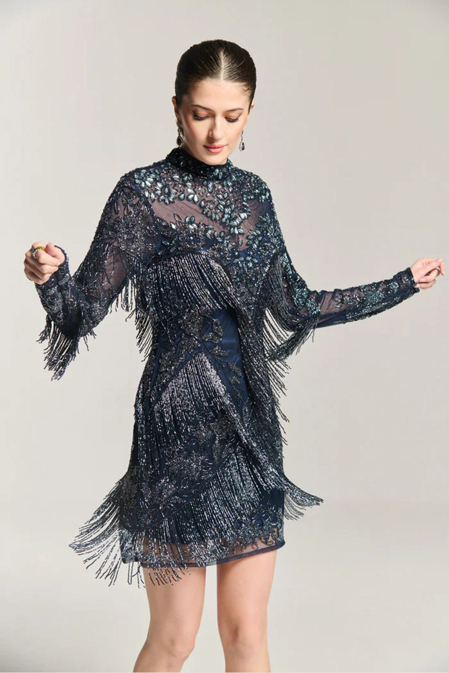 Navy Luxe Fringe Embellished Short Dress