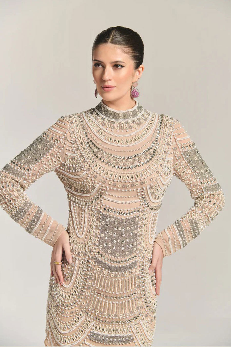 Necklace Queen Beige Embellished Mini Dress