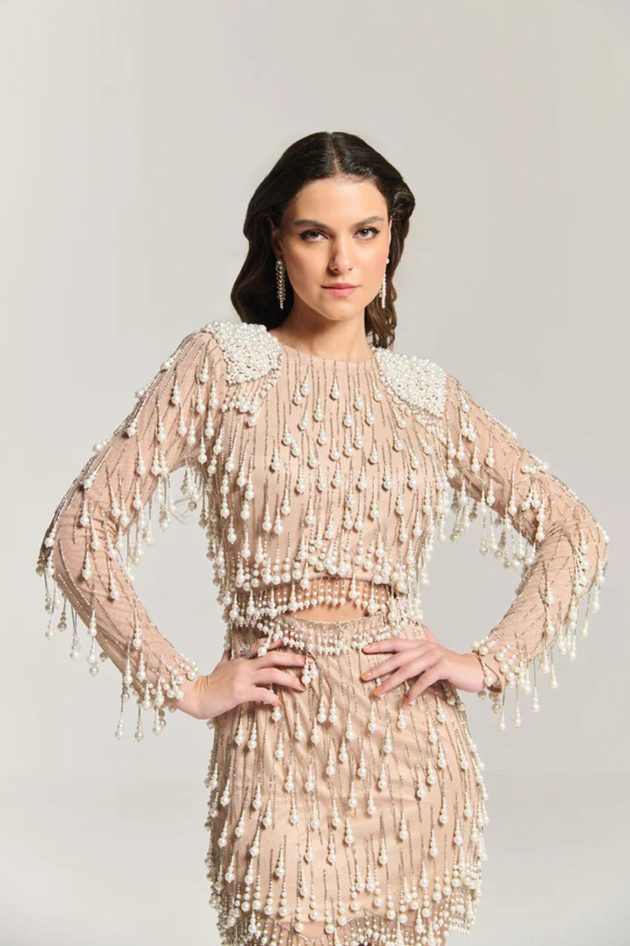 Pearl Of Grace Beige Embellished Mini Dress