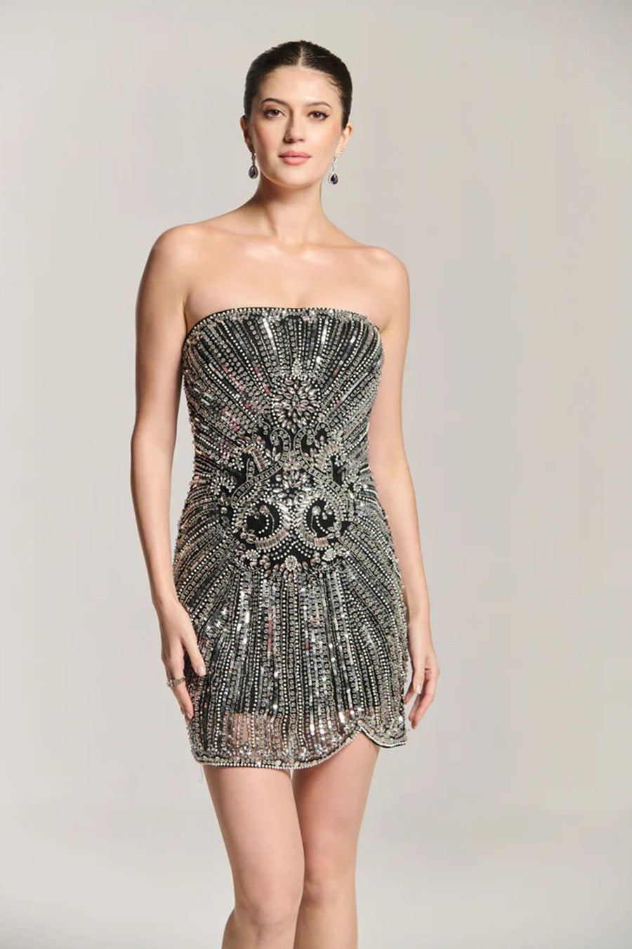 Silver Stardust Embellished Off-Shoulder Mini Dress