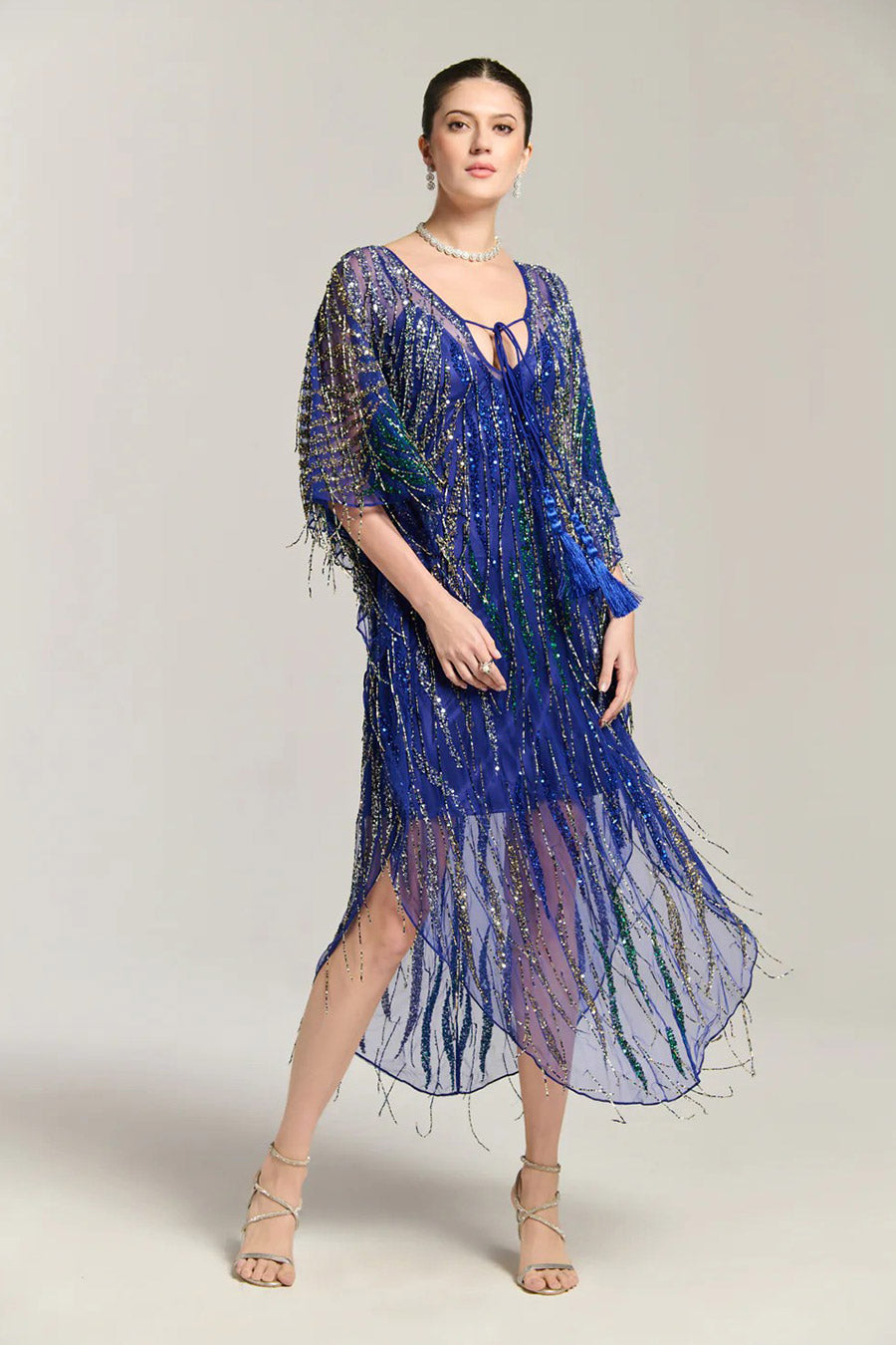 Blue Bead Embellished Kaftan Dress