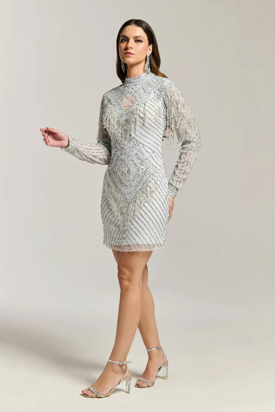 White Eclipse Bead Embellished Short Dress