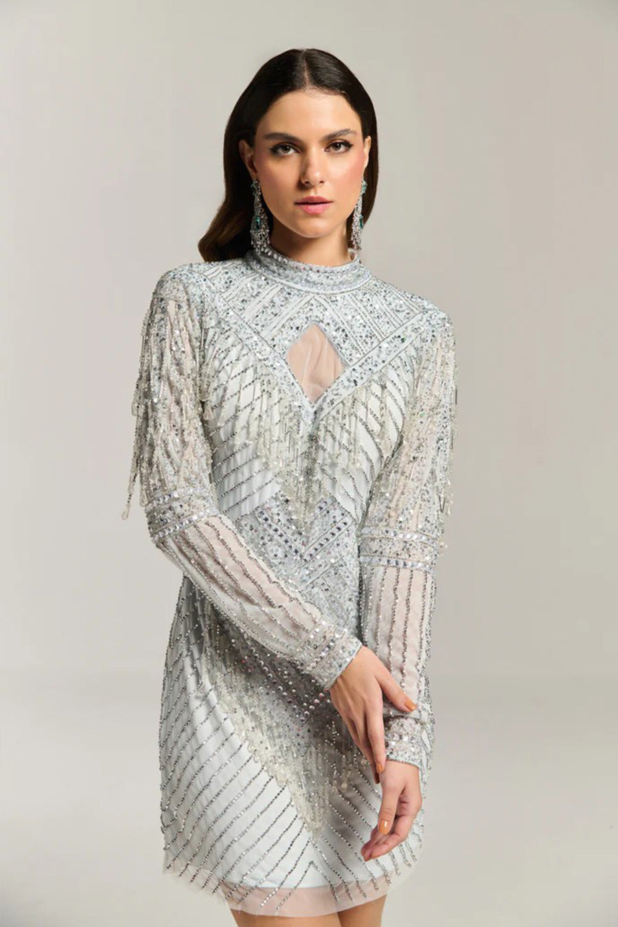 White Eclipse Bead Embellished Short Dress