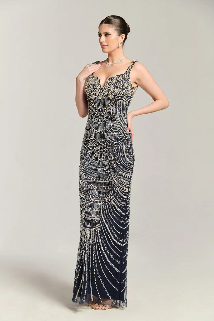 Blue Diamond Embellished Maxi Gown