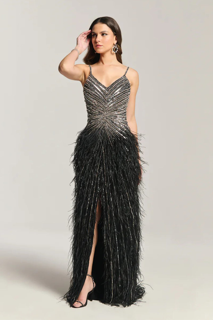 Luxe Black Feather Fall Embellished Gown Dress