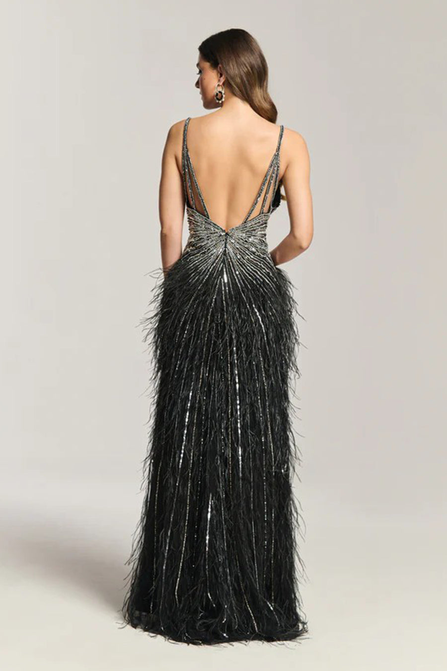 Luxe Black Feather Fall Embellished Gown Dress