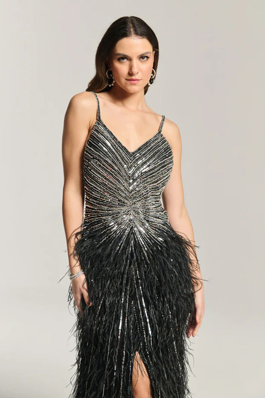 Luxe Black Feather Fall Embellished Gown Dress