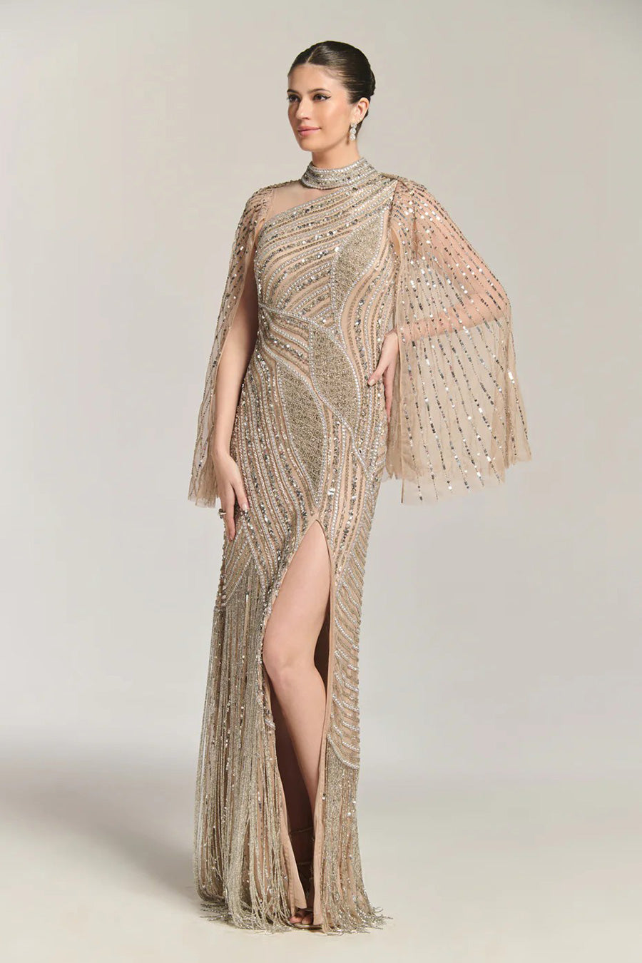 Moonlight Charm Beige Embellished Gown Dress