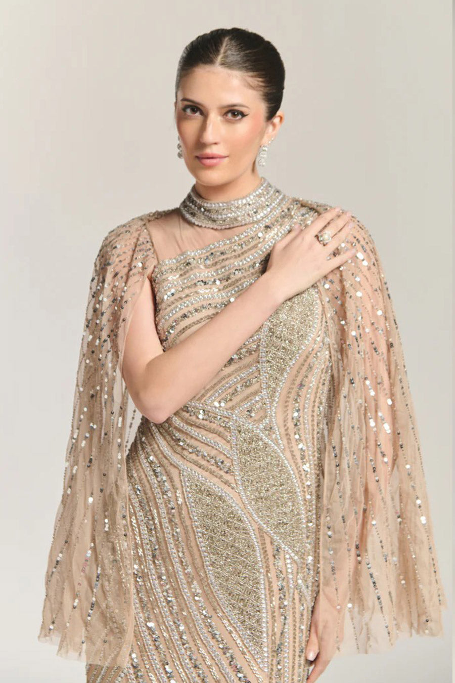 Moonlight Charm Beige Embellished Gown Dress