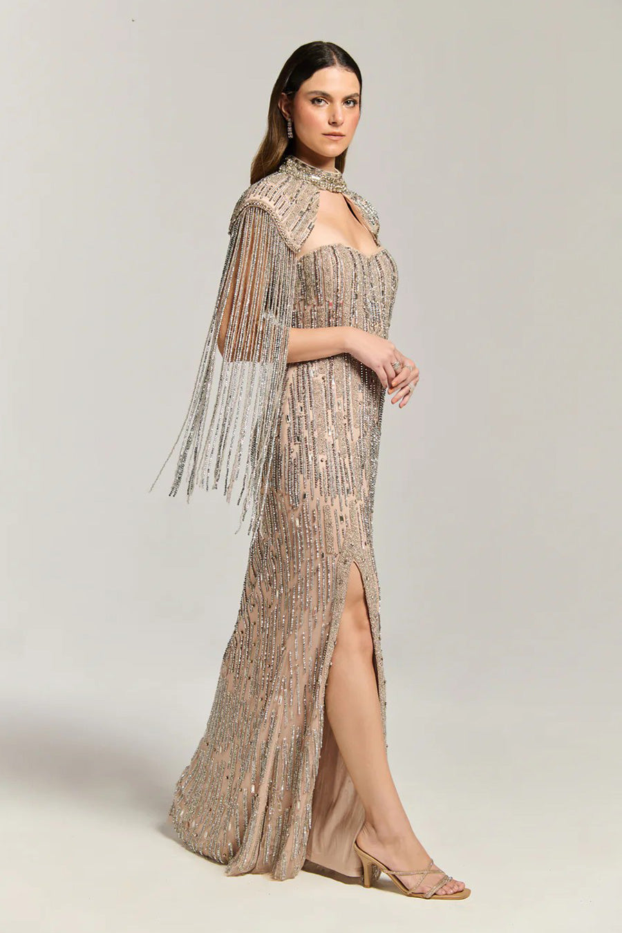 Twilight Fringe Beige Embellished Gown