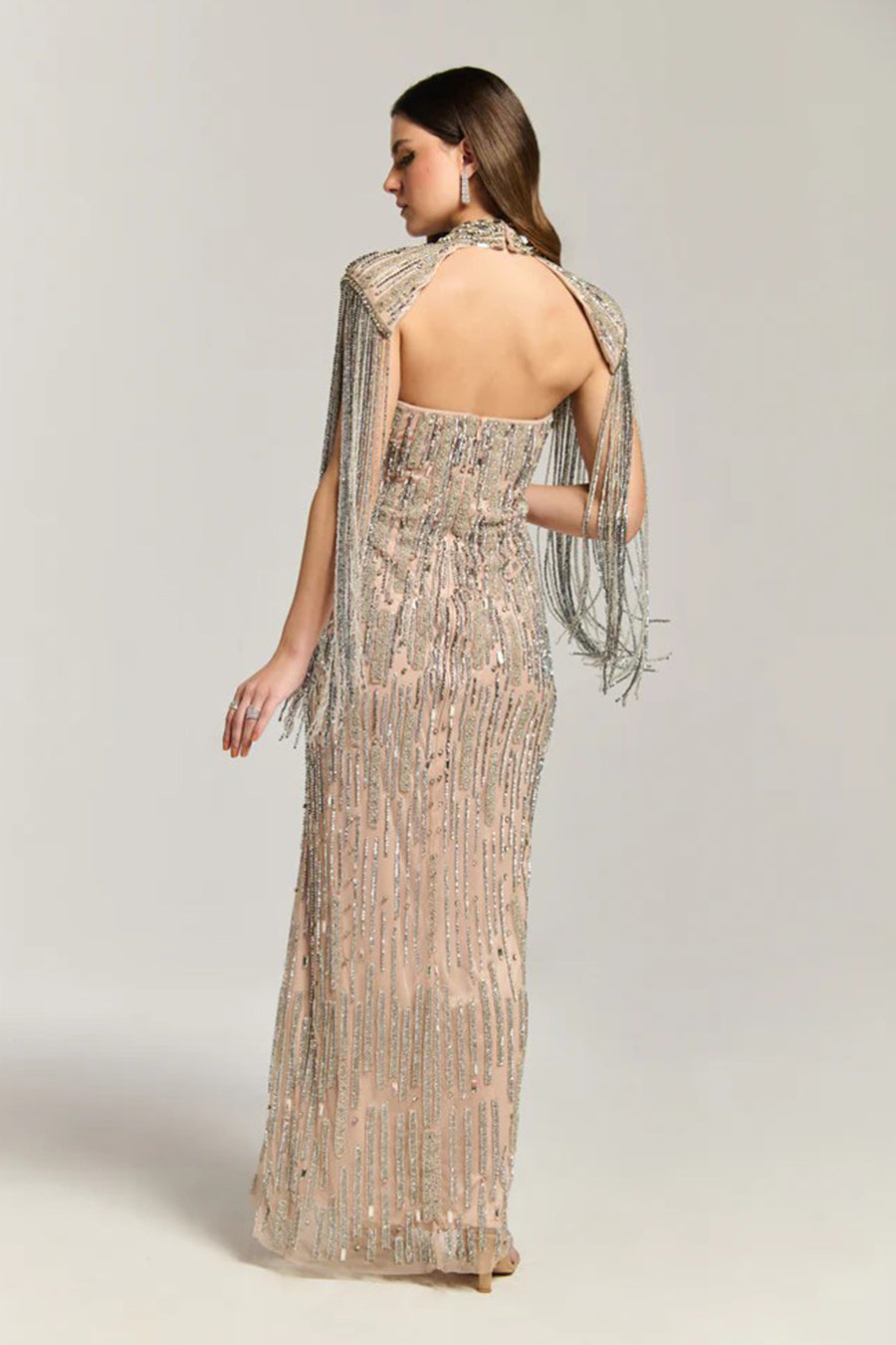 Twilight Fringe Beige Embellished Gown