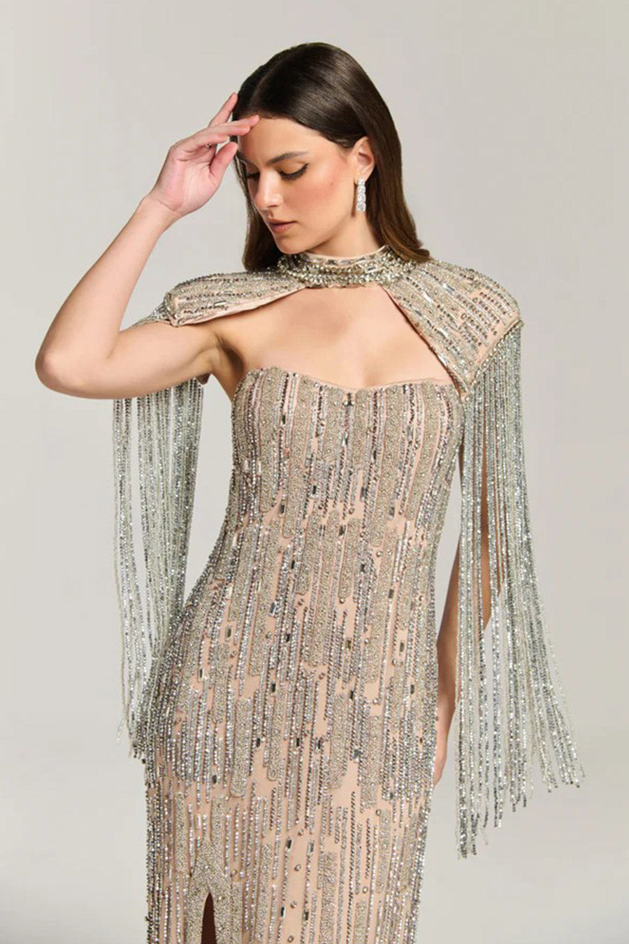 Twilight Fringe Beige Embellished Gown