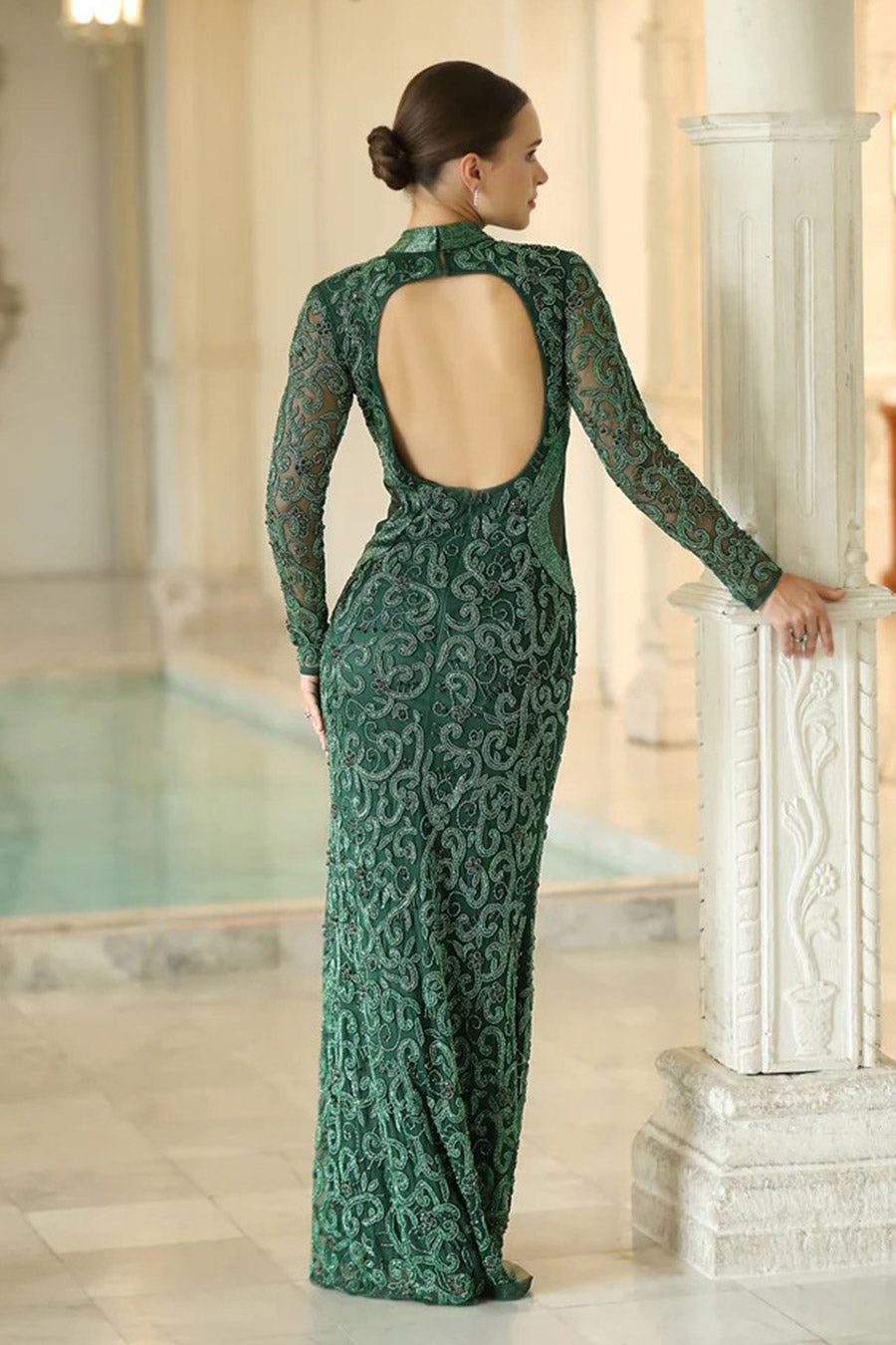 Emerald Green Embroidered Sheer Panel Gown