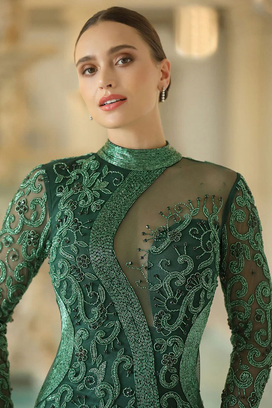 Emerald Green Embroidered Sheer Panel Gown