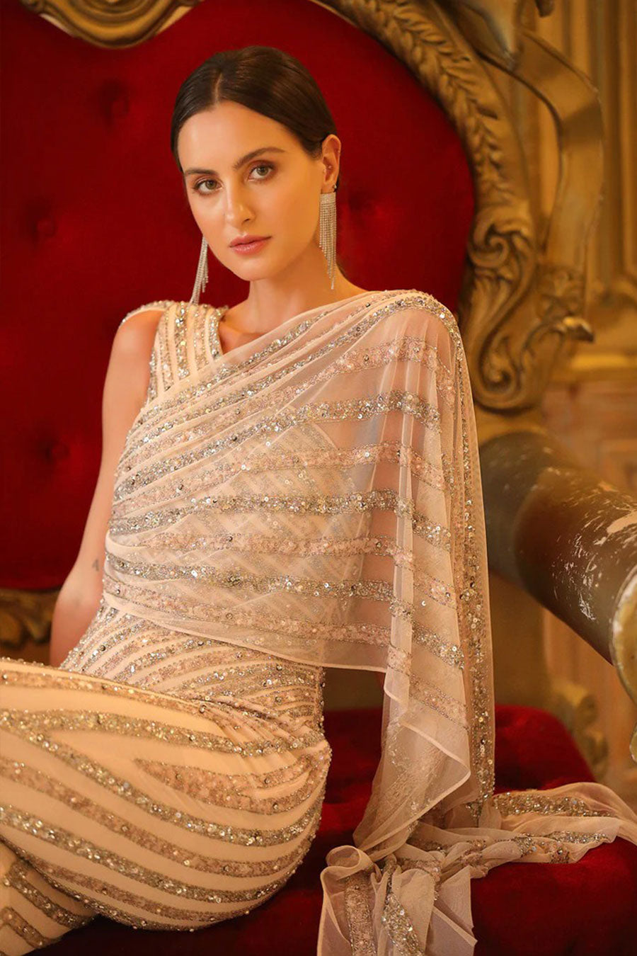 Champagne Sequin Embellished Jumpsuit With Overlay