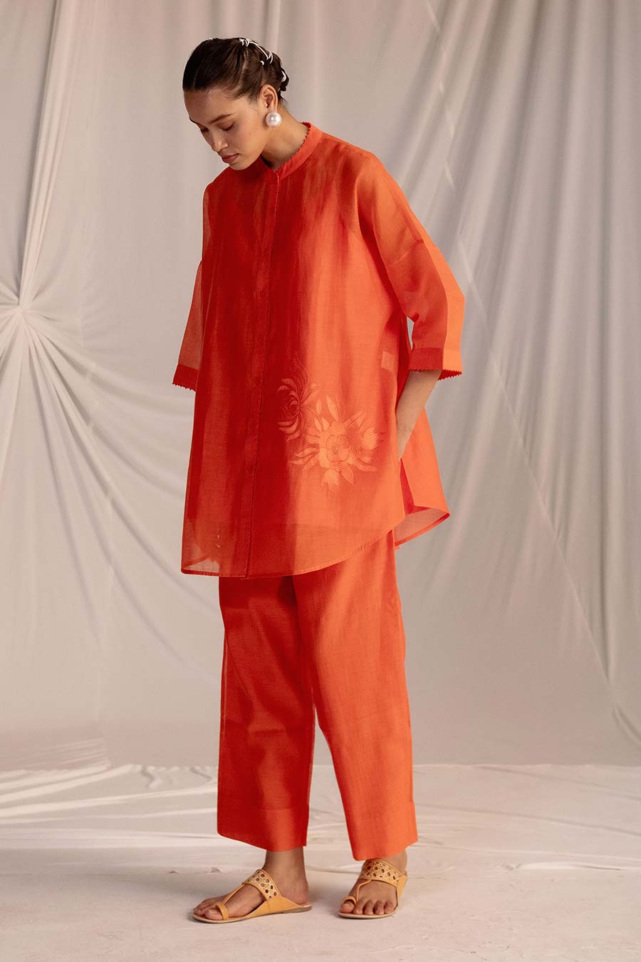 Rust Orange Embroidered Tunic & Pant Set