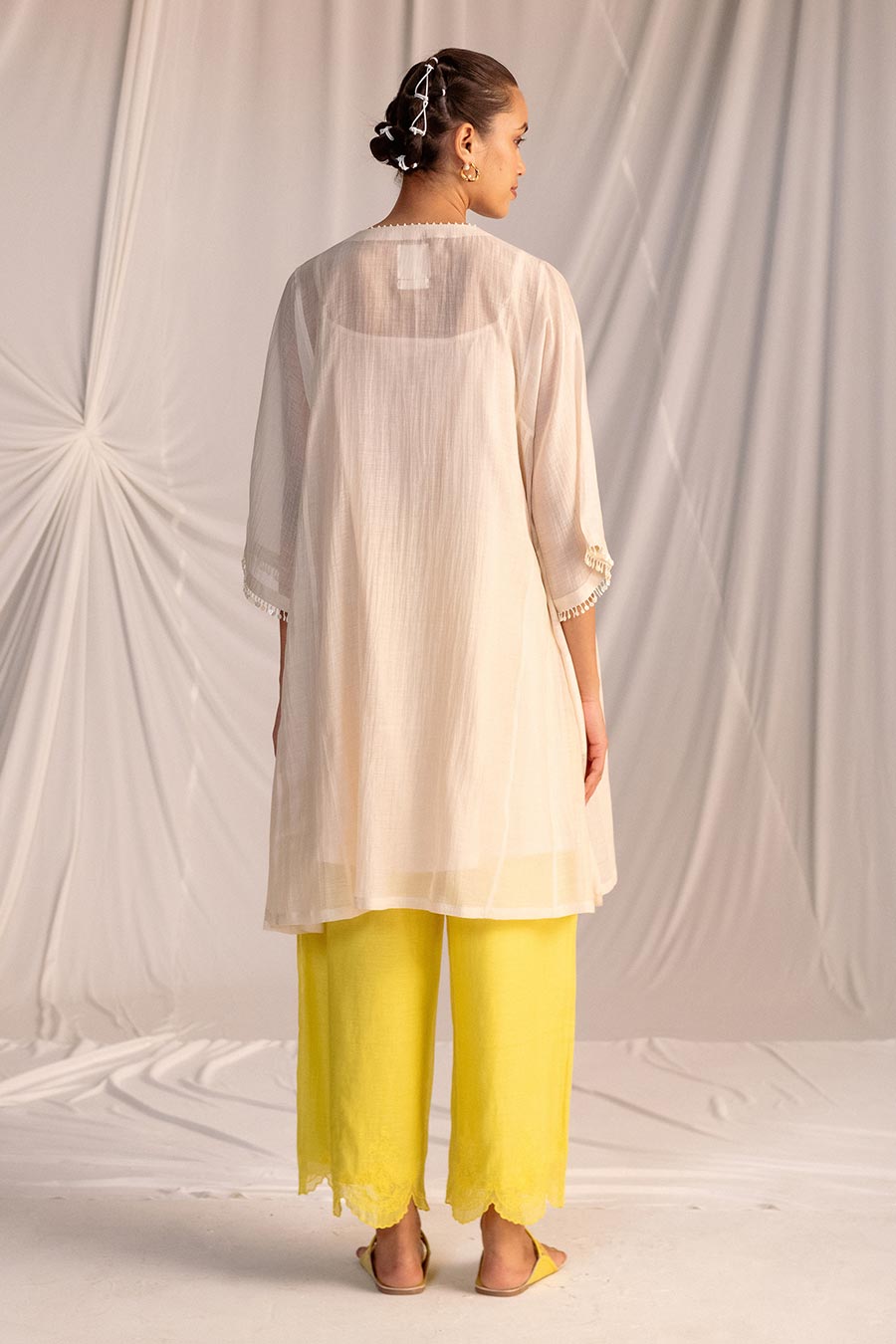 Off-White & Lime Yellow Embroidered Tunic with Pant Set