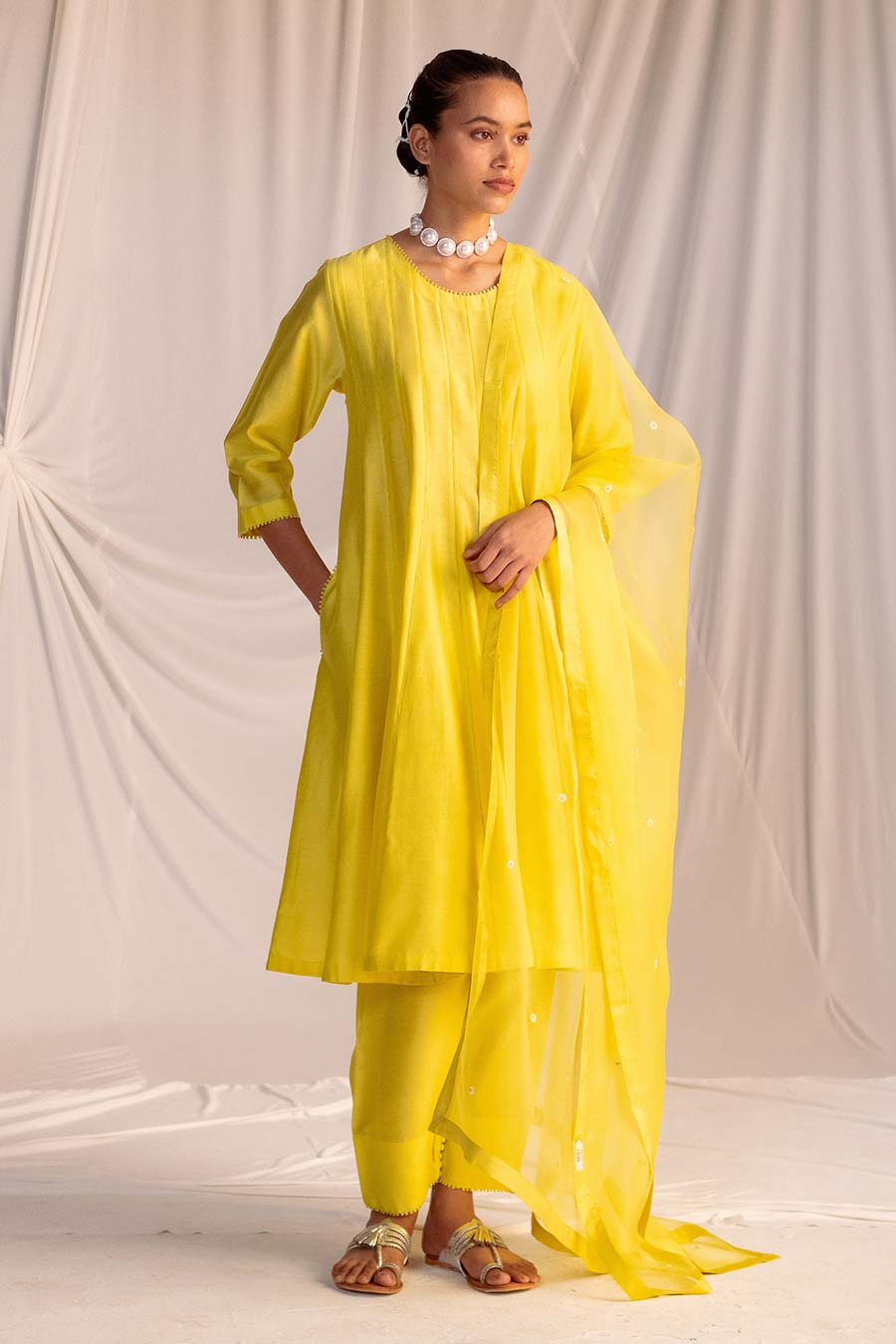 Lime Yellow Embroidered Anarkali & Pant Set