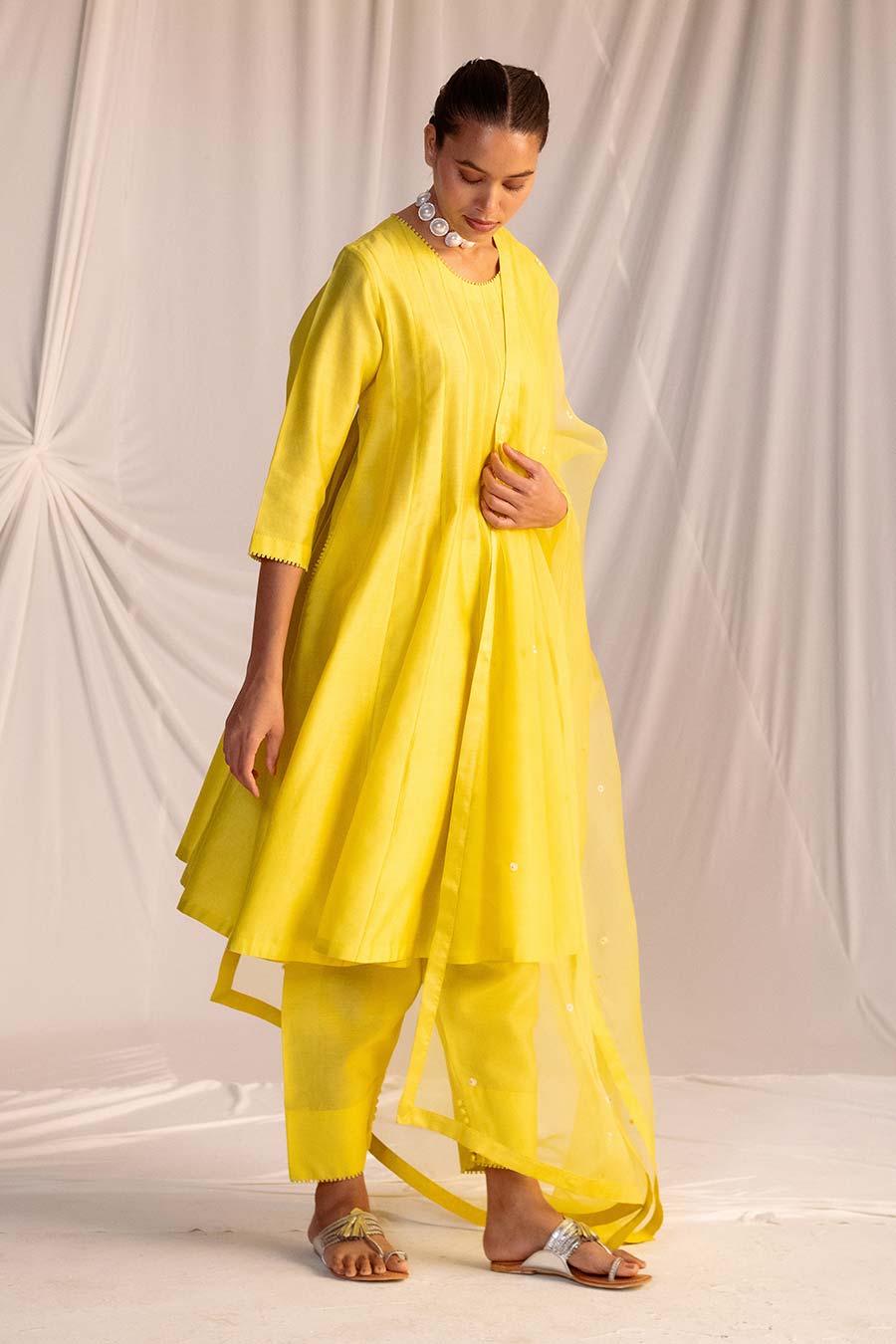 Lime Yellow Embroidered Anarkali & Pant Set