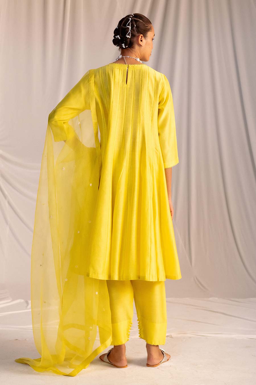Lime Yellow Embroidered Anarkali & Pant Set