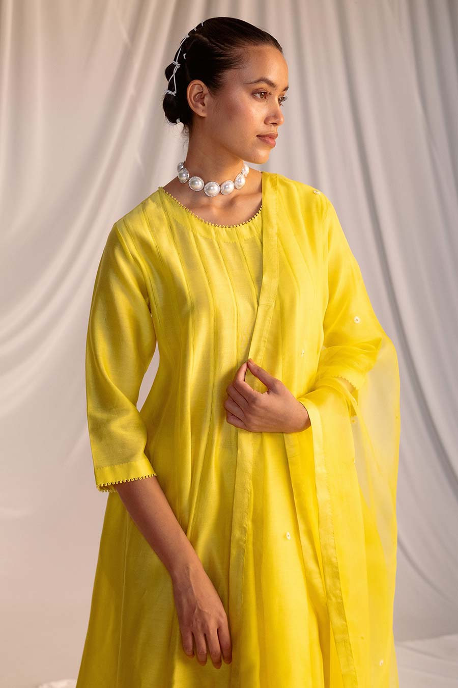 Lime Yellow Embroidered Anarkali & Pant Set
