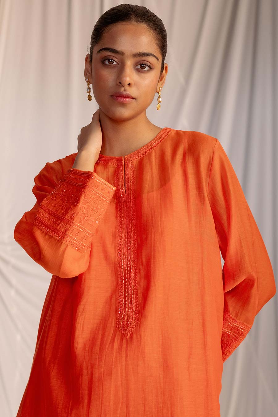 Rust Orange Embroidered Kurta & Pant Set