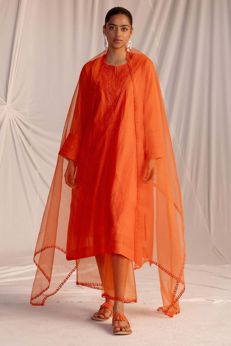 Rust Orange Embroidered Kurta & Pant Set