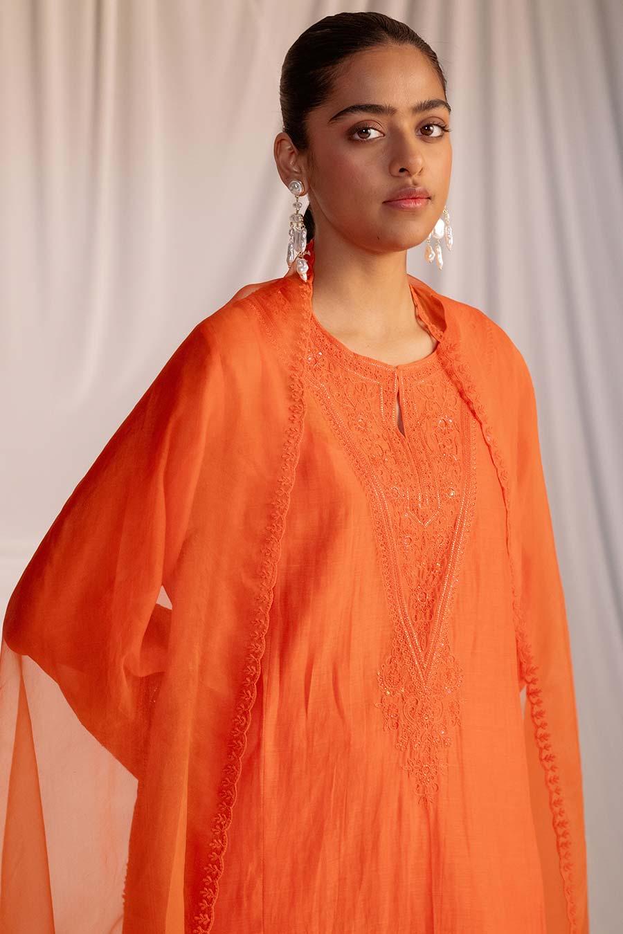Rust Orange Embroidered Kurta & Pant Set