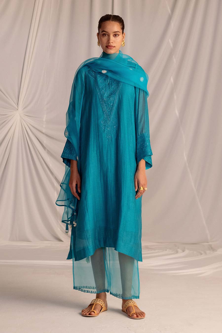 Turquois Blue Embroidered Kurta & Pant Set