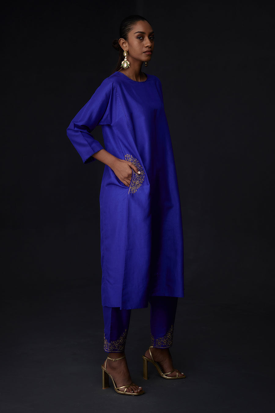 Persian Blue Embroidered Pocket Kurta & Pant Set