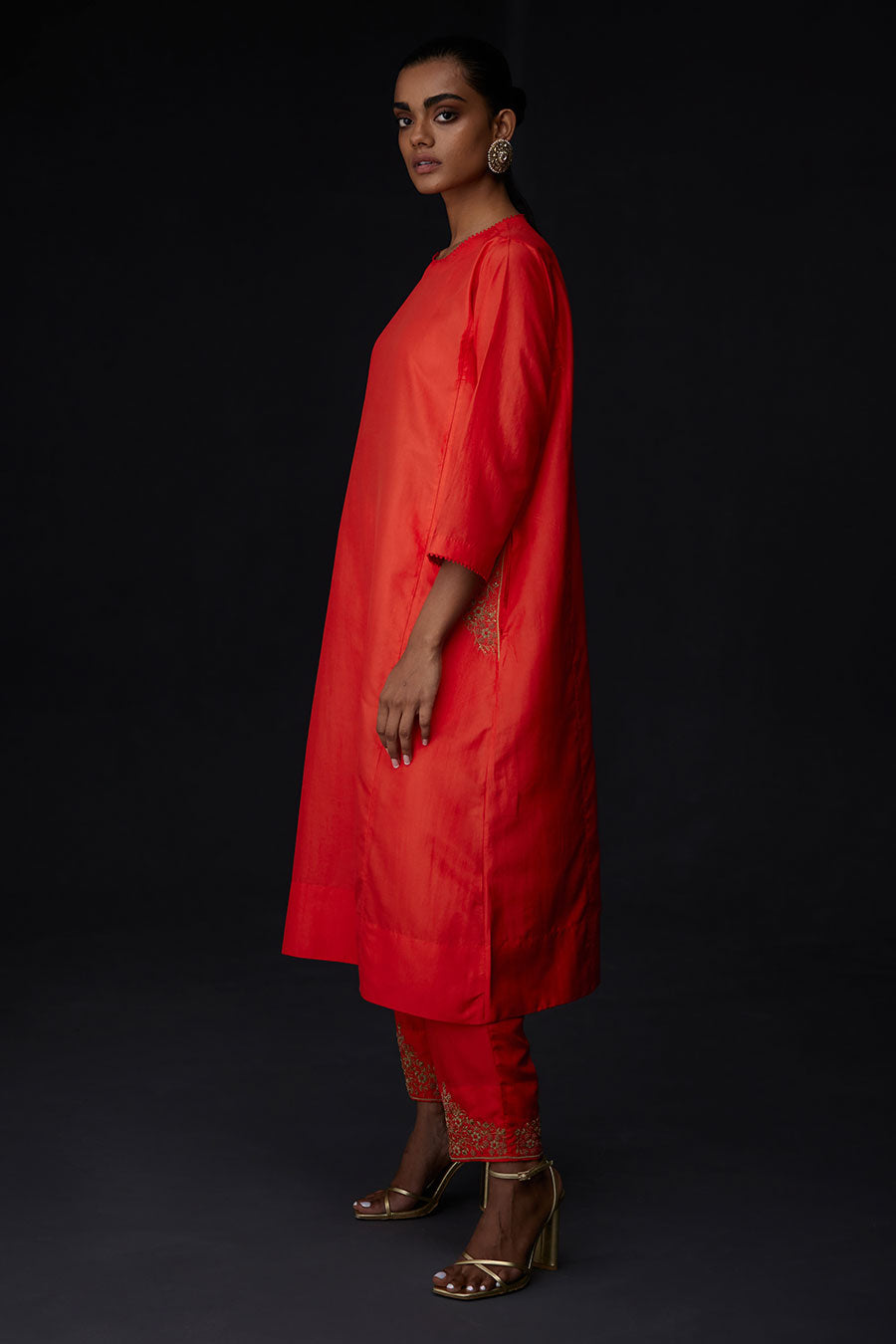 Scarlet Red Embroidered Pocket Tunic & Pant Set