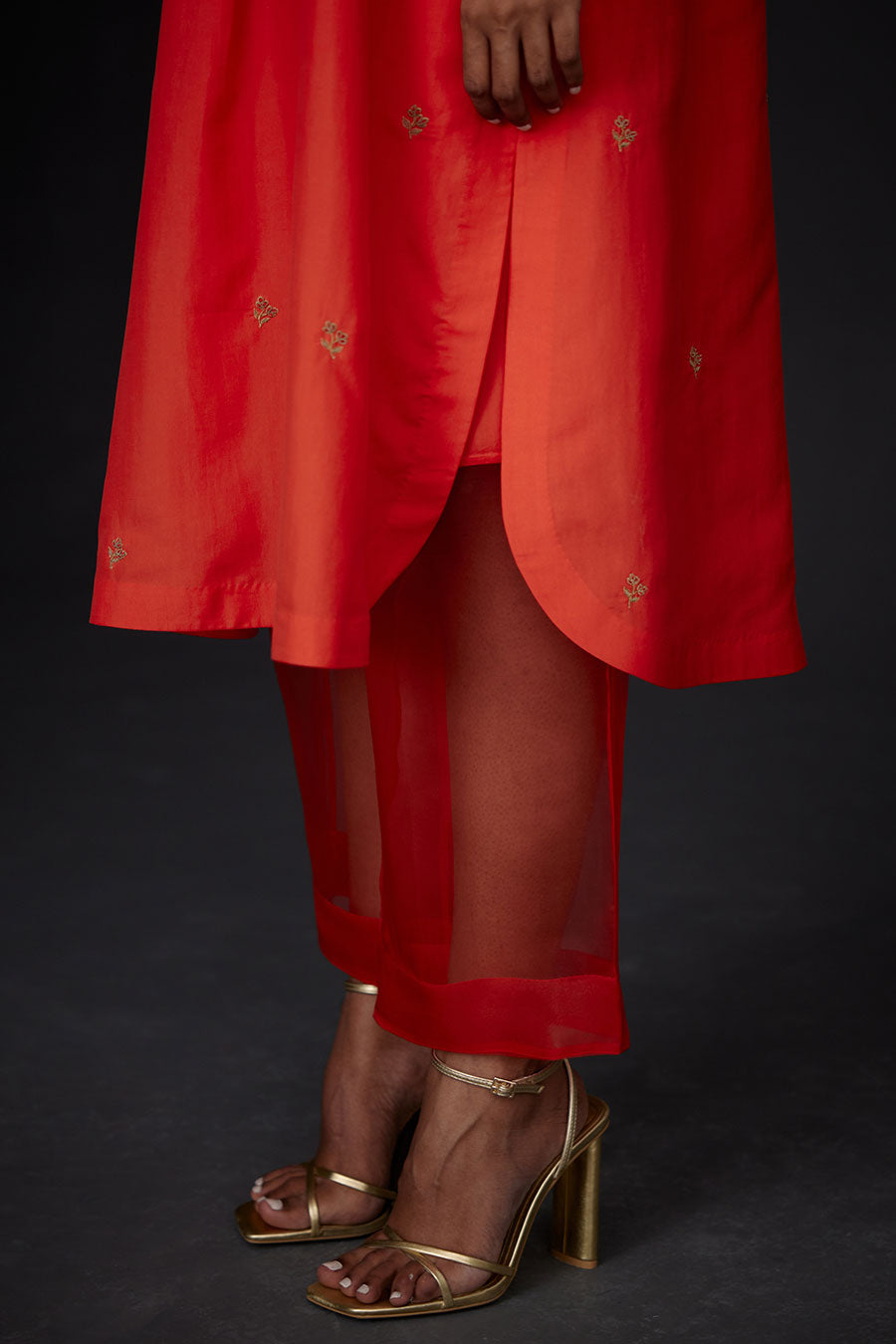 Scarlet Red Embroidered Kurta & Net Border Pant Set